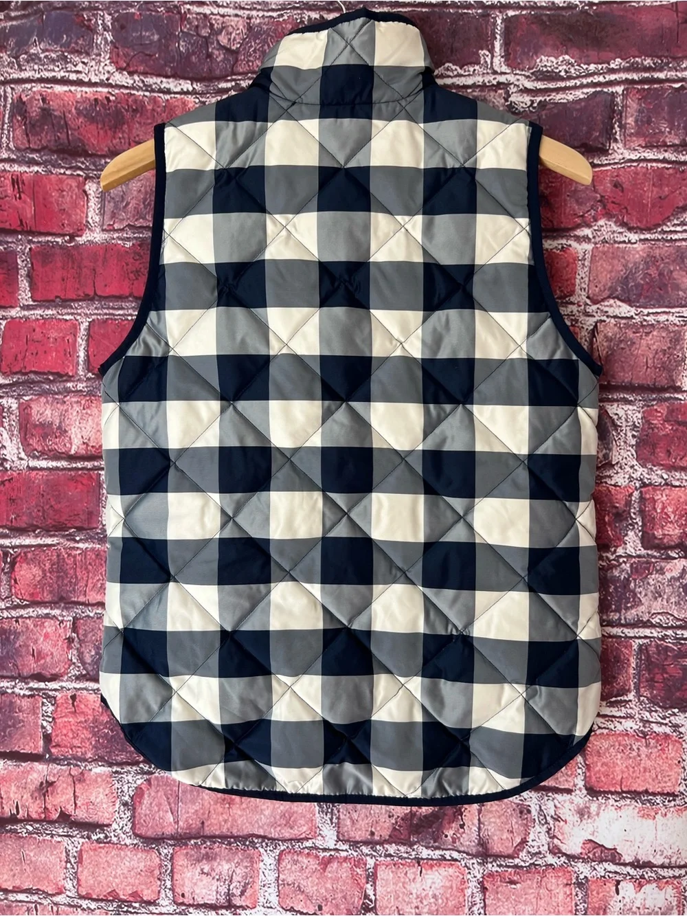 J.Crew Excursion Quilted Down Vest Navy Cream Buffalo Plaid